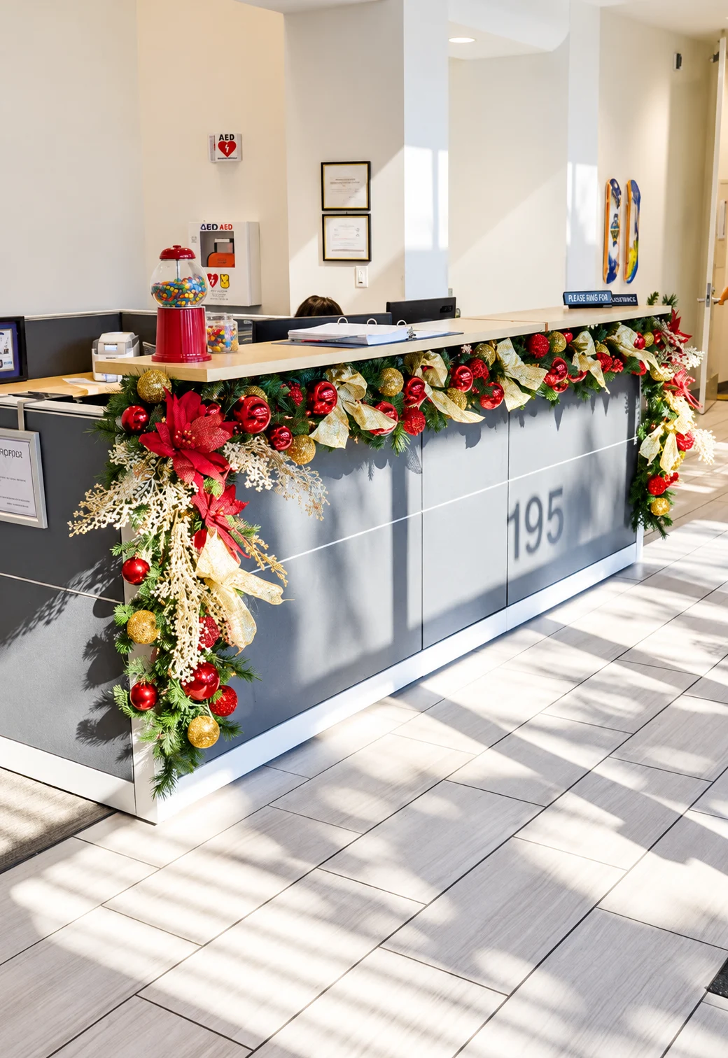 Garland and holiday accents along a stairway