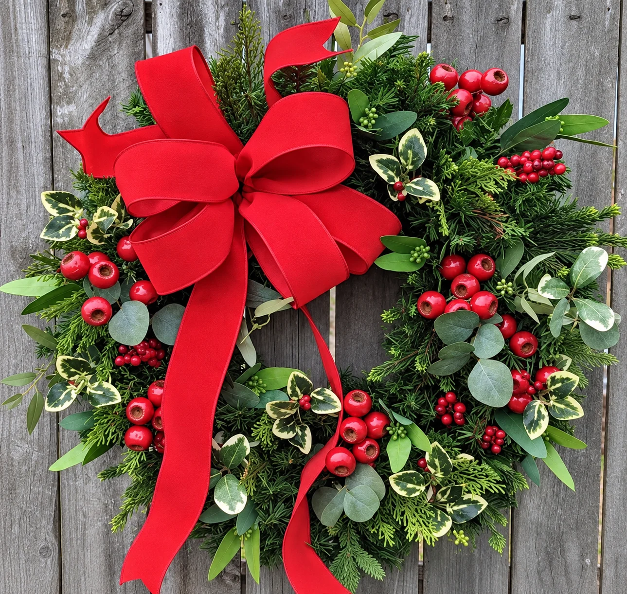 An elegant wreath with ribbons and seasonal accents