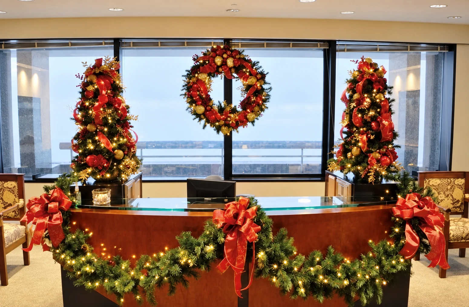 An inviting staircase with seasonal greenery