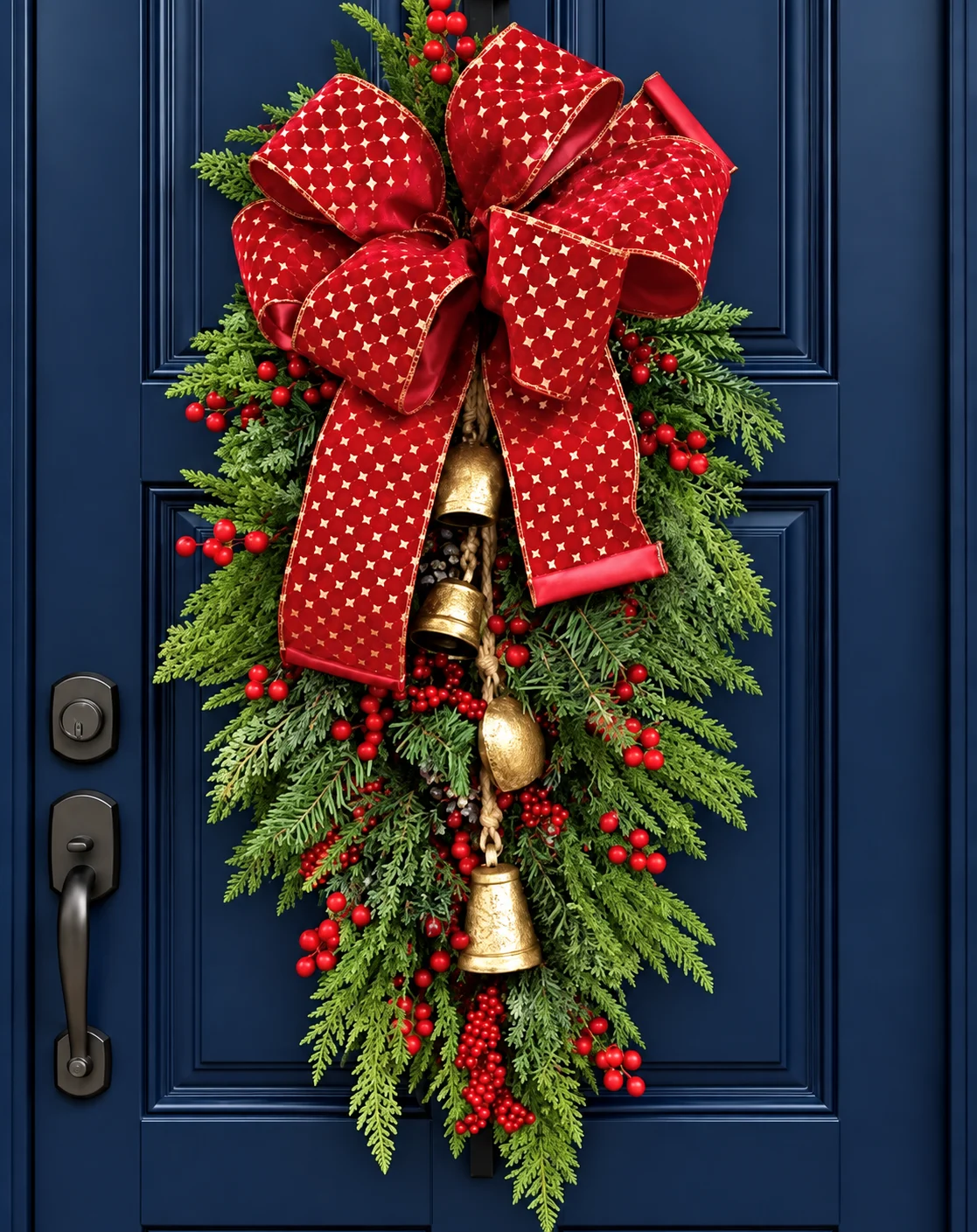 A seasonal wreath with layered greenery