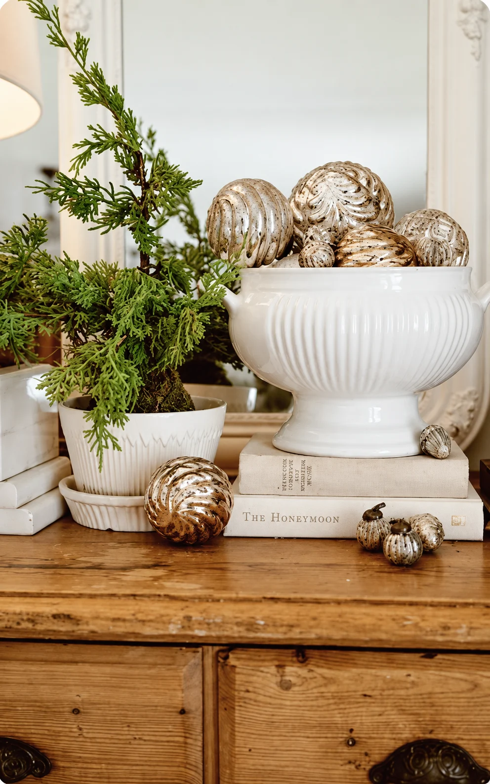 A decorative holiday vignette for a welcoming reception