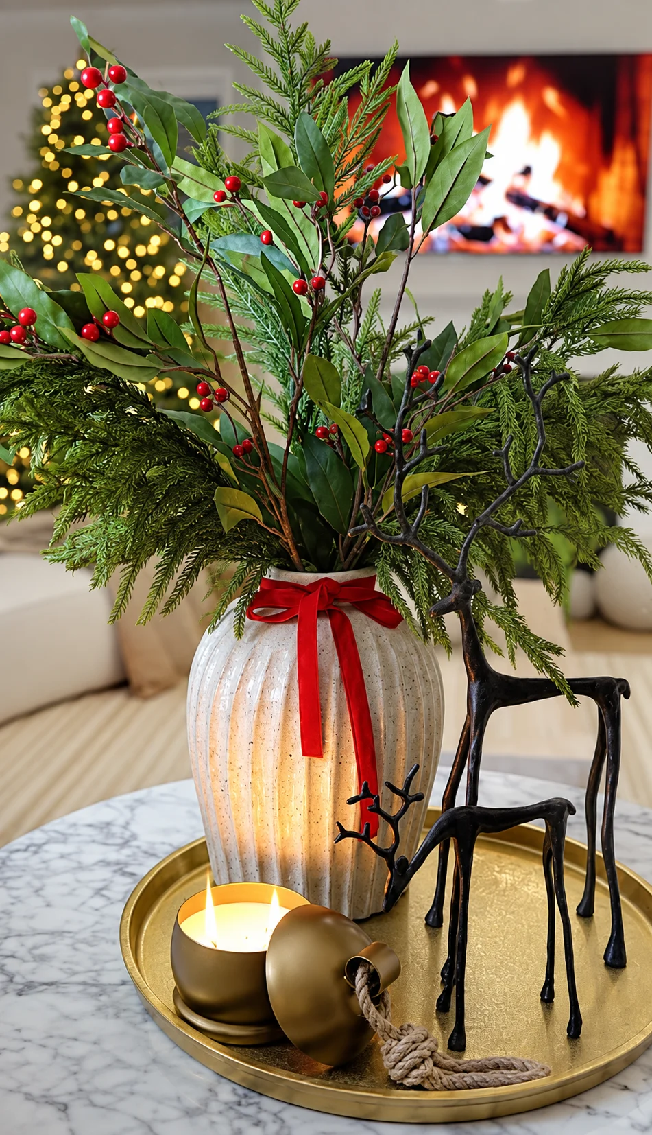 Seasonal greenery and warm accents on a reception console
