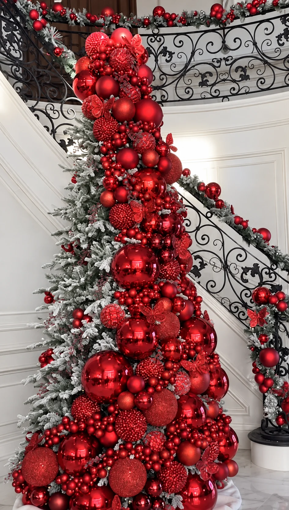 Ruby ornaments along an elegant curved staircase