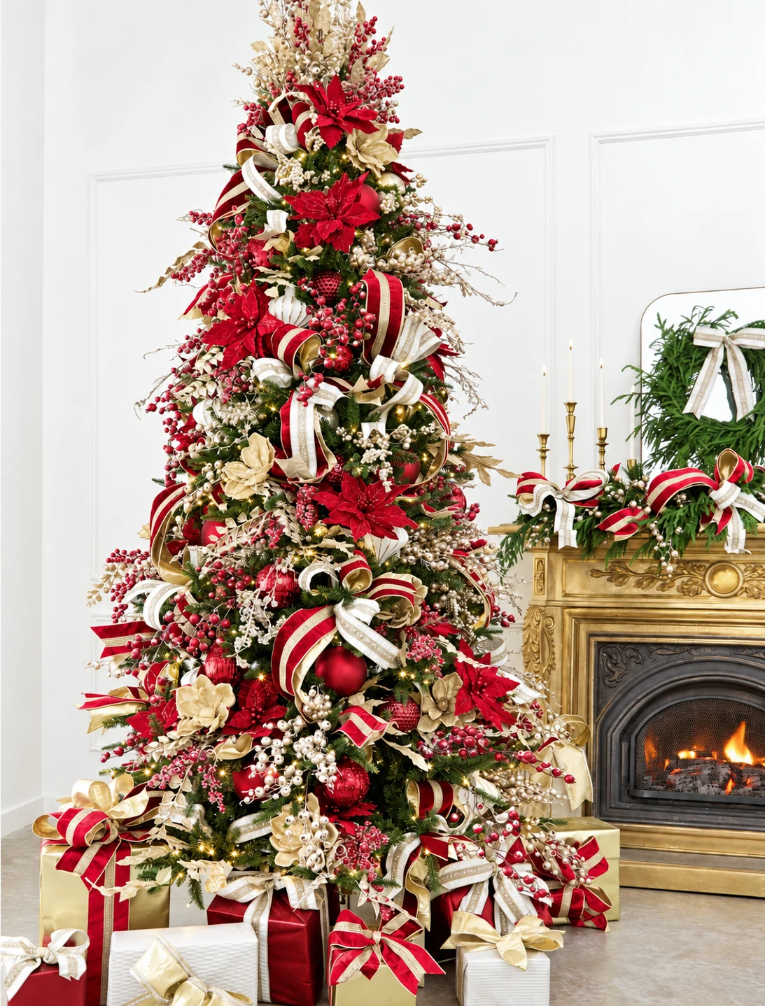 A beautifully layered ivory and gold Christmas tree beside a warm fireplace