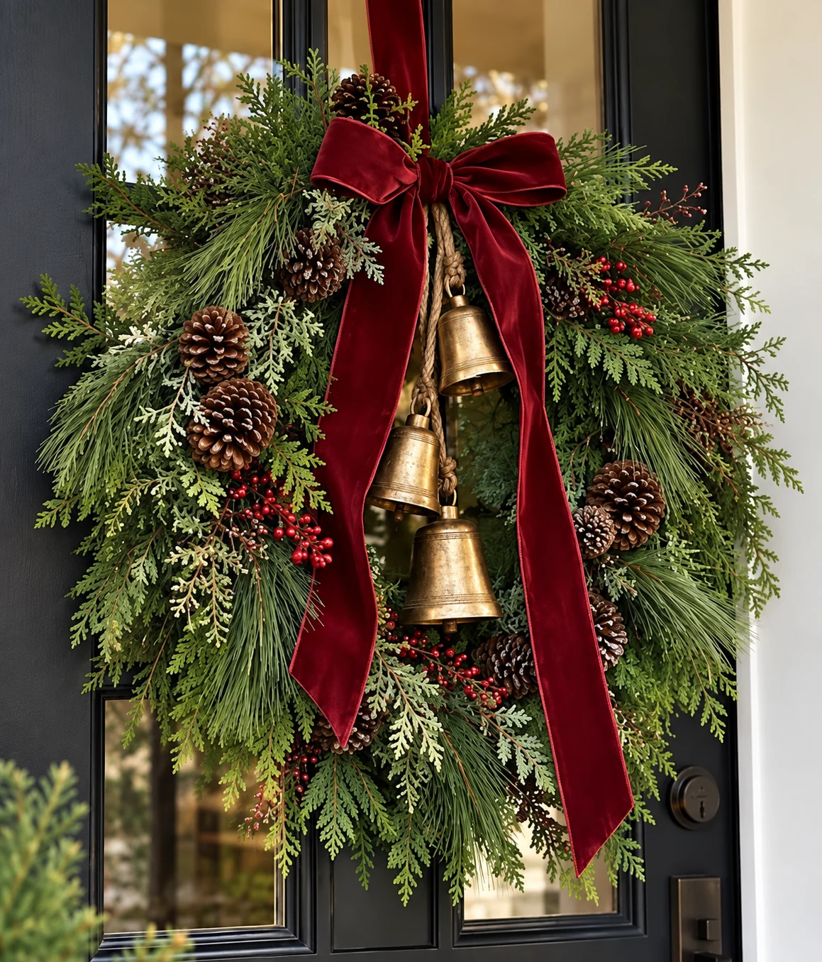 Evergreen swag with a burgundy velvet bow and bells
