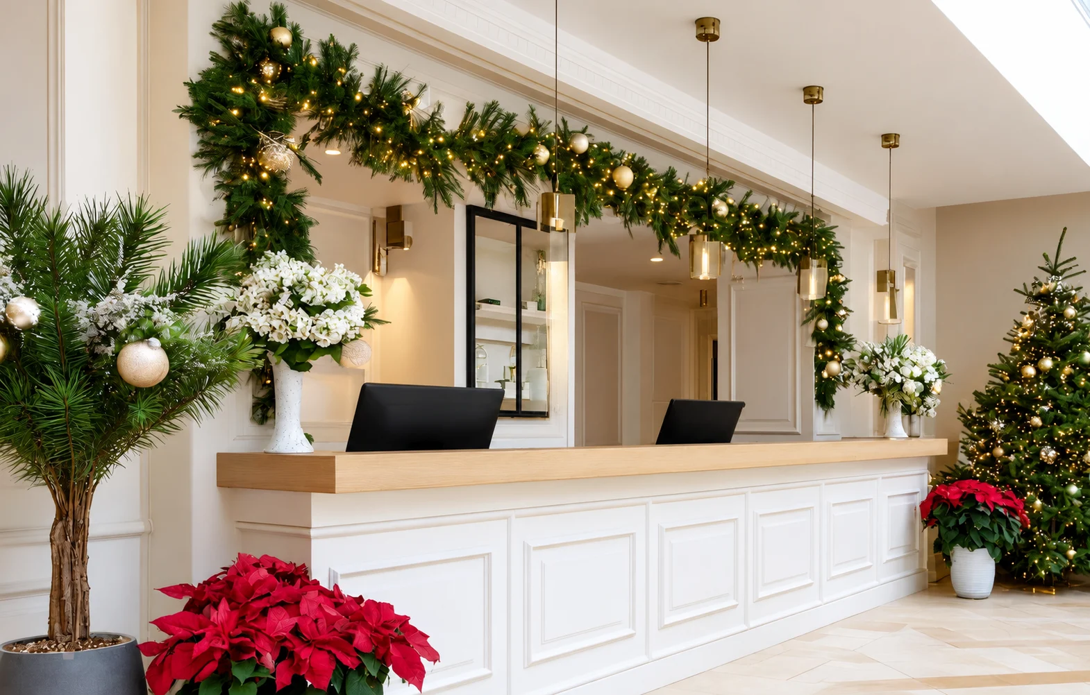 Evergreen garland and a Christmas tree at a reception desk